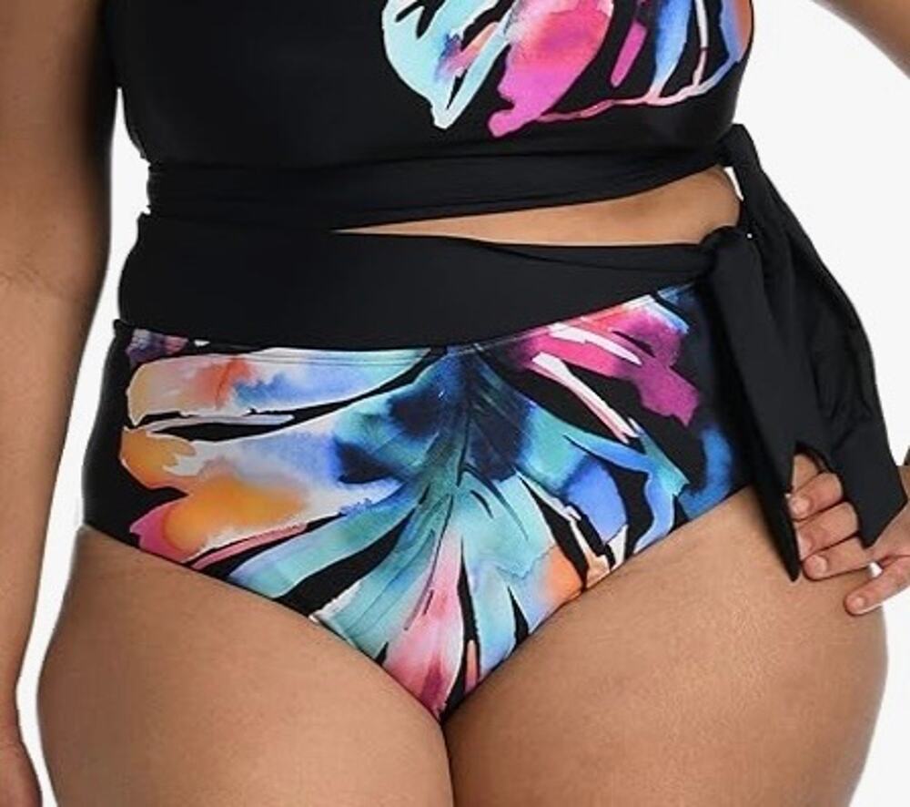 La Blanca Prism Palm Black Convertible High Waist Bikini Bottom 10 NWT